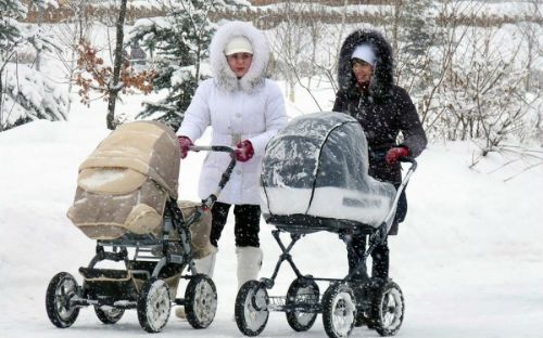 Мамы гуляют с колясками зимой