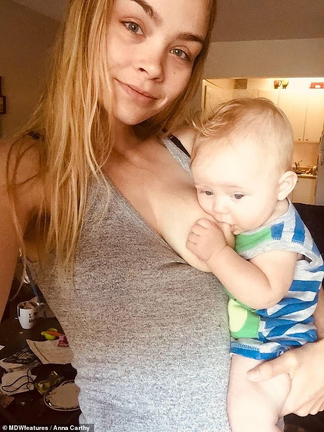 Upset: Stay-at-home mom Anna Carthy, 22, has opened up about the criticism she faces for breastfeeding in public - including cruel comments from her own family