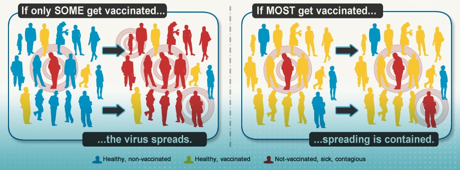 illustration: if only some get vaccinated, the virus spreads. if most get vaccinated, spreading is contained.